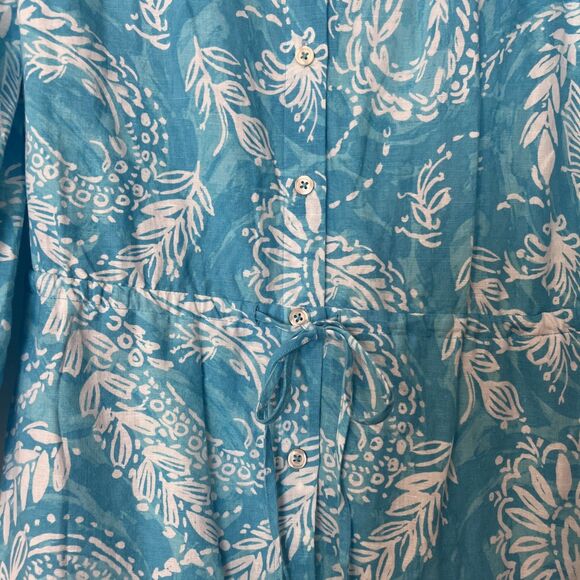 Talbots Linen Midi Dress Womens 8 Blue Floral Button Tie Collar Coastal Beach - Picture 4 of 9